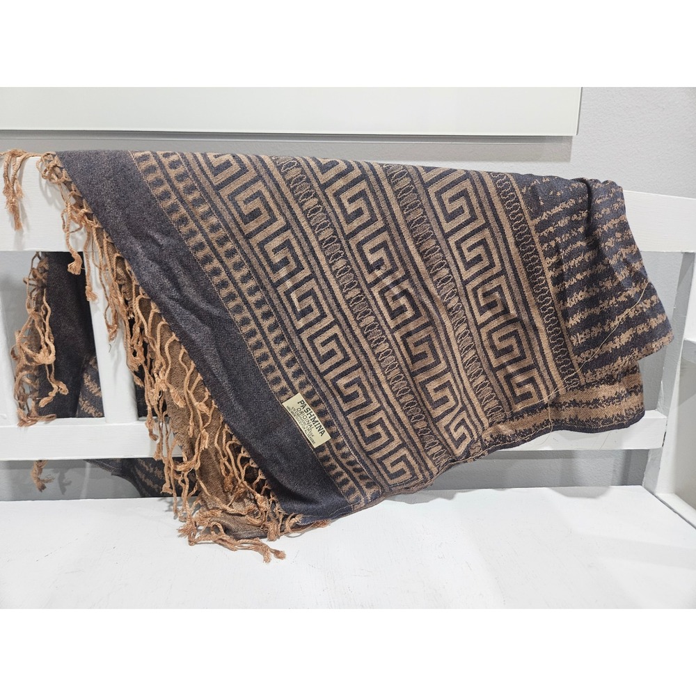 Greek Pashmina Geometric Brown & Navy Blue Tassle Scarf/Wrap 70" x 17"